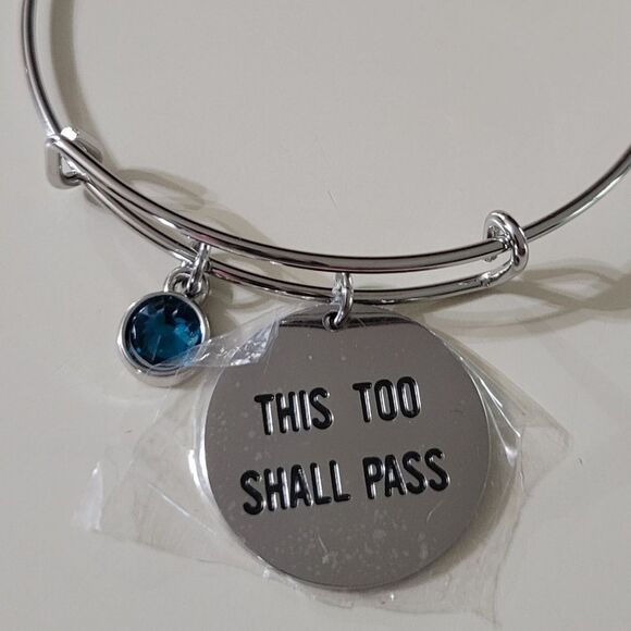 This Too Shall Pass Silver Bangle Bracelet with Accent Blue Zircon Charm - Picture 8 of 9